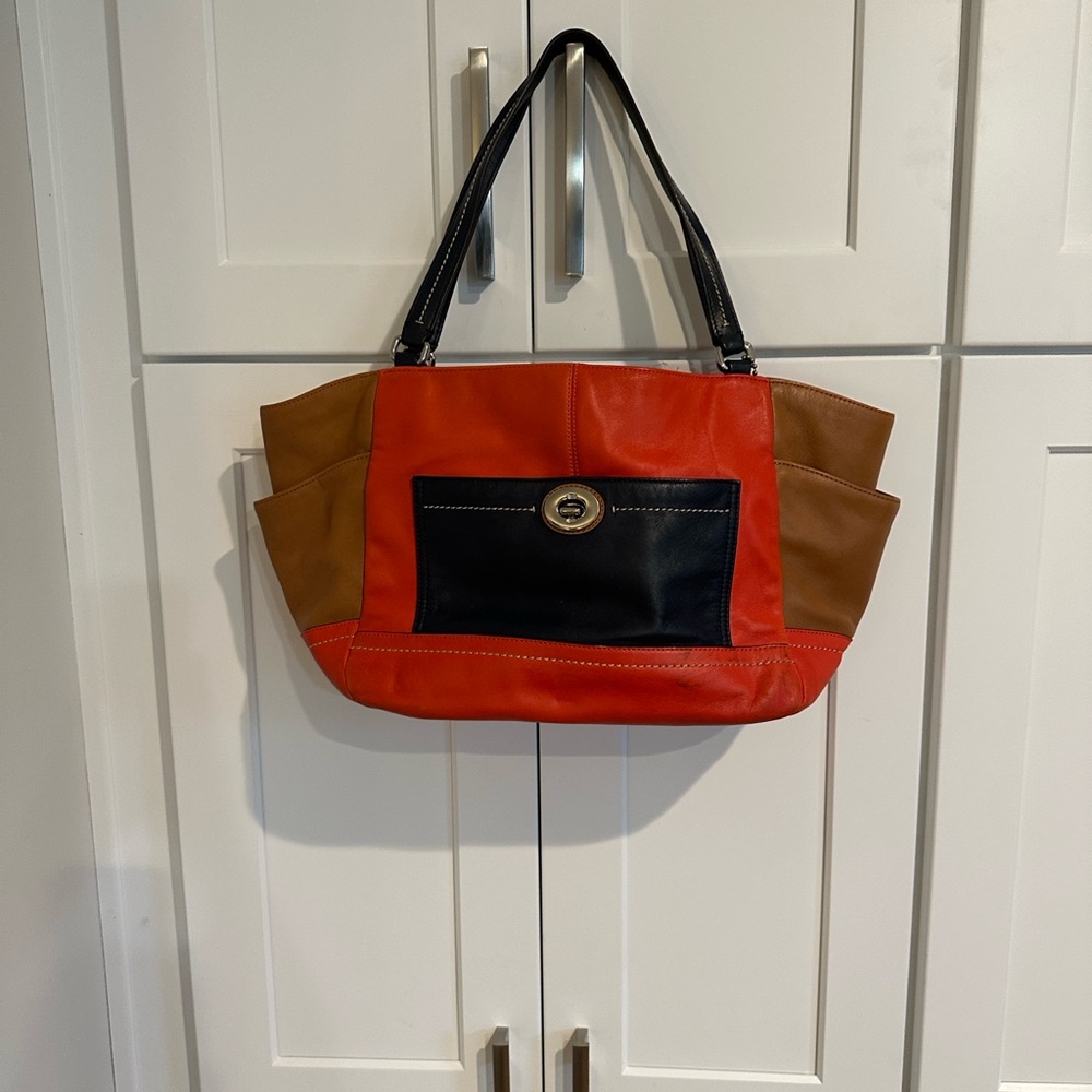 Coach color block. Stylish Red and Brown and Navy Women's tote.